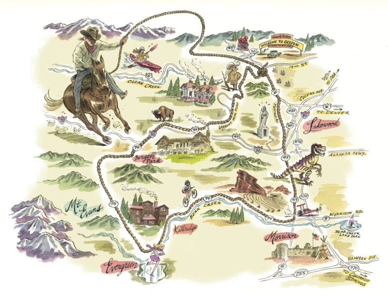Illustrated map of the Lariat Loop Scenic Byway in Colorado that shows local attractions and a cowboy holding a lasso that shows the route.