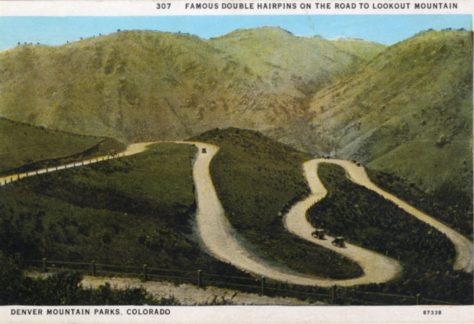 View of the famous Double or Lower Hairpins on the road to Lookout Mountain. View of green mountainous area. Circa 1915-1930.