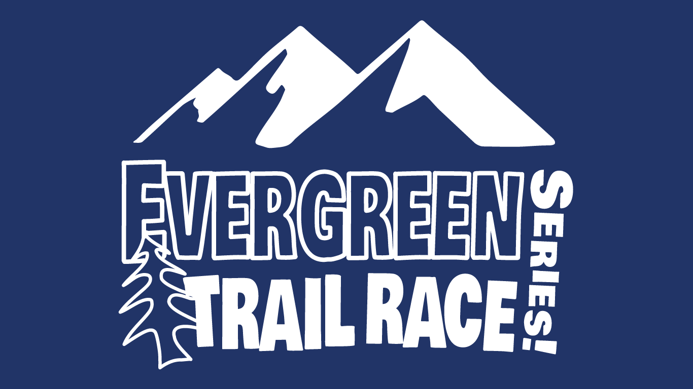 White graphic with dark blue background with mountains that says Evergreen Tail Race Series.