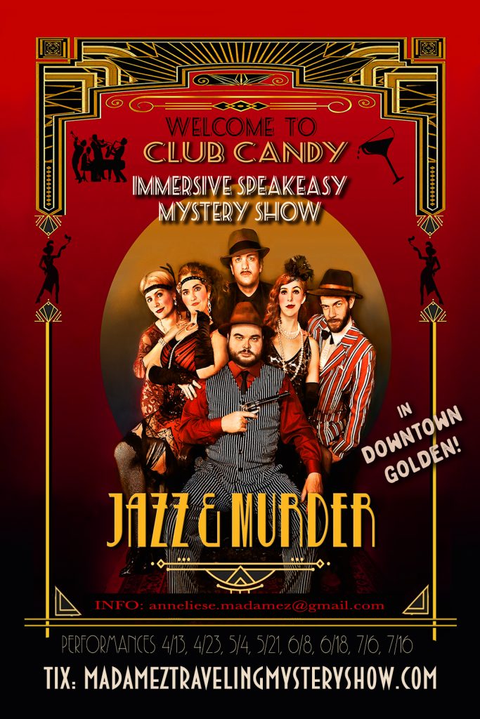 Ad flyer with group of people in 20s outfits for a murder mystery show.