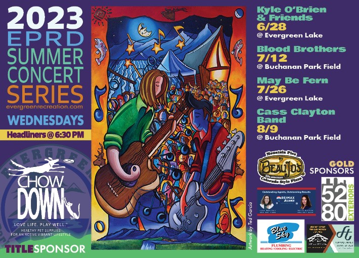 Colorful flyer with musicians playing for a summer concert series in Colorado.