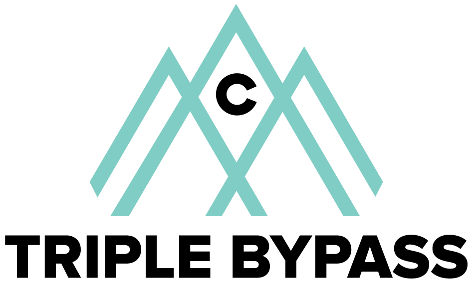 Bold and simple mountain graphic in teal with the words "Triple Bypass" in black.