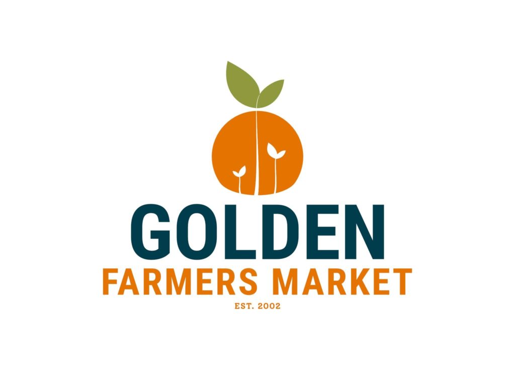 Graphic logo for Golden Farmers Market with orange orange fruit and orange and blue lettering.
