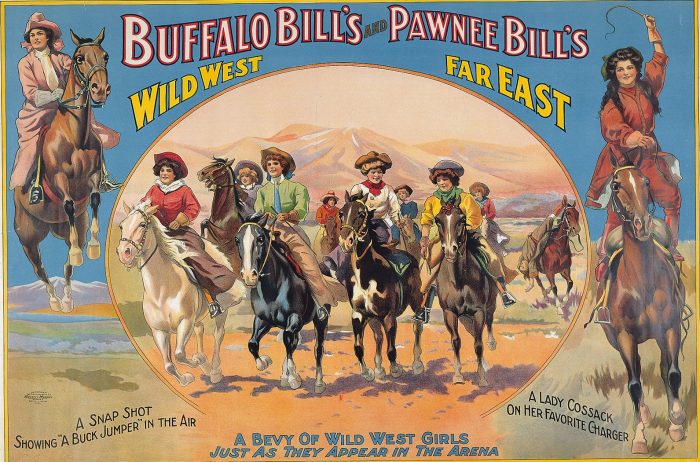 Illustrated historic ad image showing women riding horses in a mountainous region. It says: Buffalo Bill's and Pawnee Bill's Wild West Far East, A snap shot showing a "Buck Jumper" in the air, A Lady Cossack on her Favorite Charter, A Bevy of Wild West Girls Just as they Appear in the Arena.