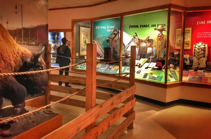 Adult man viewing an indoor exhibit in the Buffalo Bill Museum in Golden, Colorado.